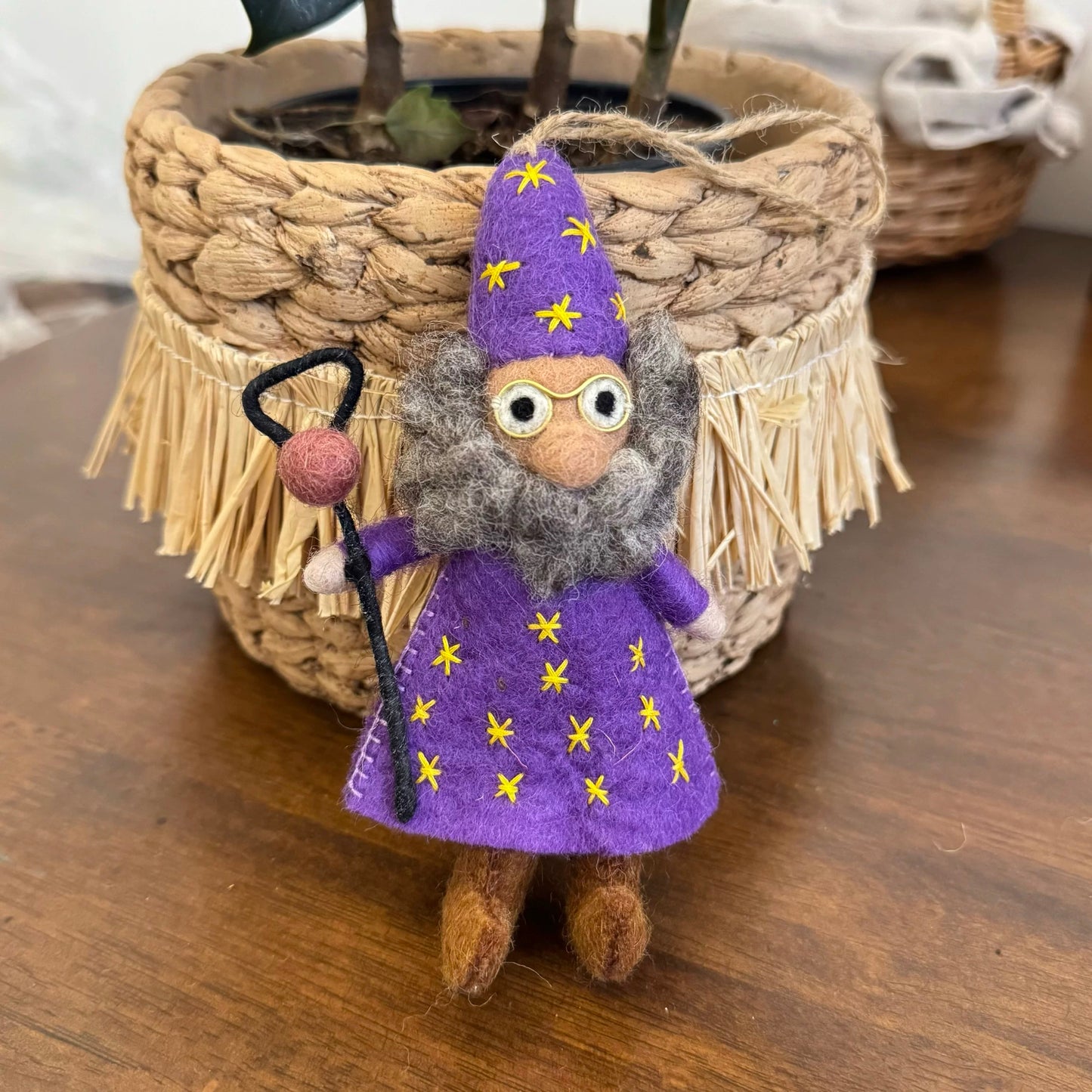 Handmade Wool Felt Wizard Keychain – Purple Starry Robe Bag Charm