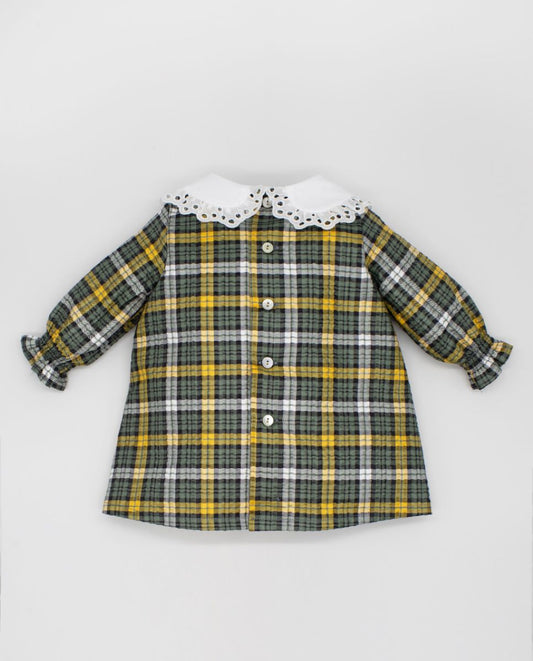 Fina Ejerique GREEN AND YELLOW CHECKERED FAUX FUR POM-POM DRESS O22A37