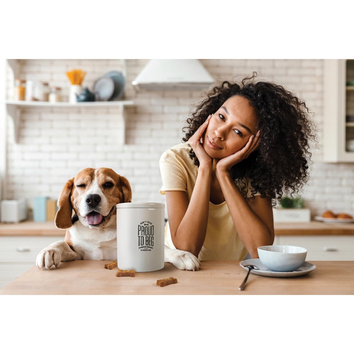 FRED HOWLIGANS CERAMIC TREAT JAR - AIN'T TOO PROUD TO BEG WHITE