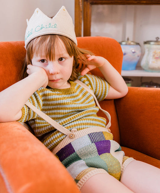 OEUF NYC Patchwork Suspender Shorts Eggshell/Patchwork