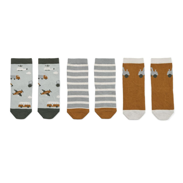 LIEWOOD SILAS COTTON SOCKS 3 PACK VEHICLES / DOVE BLUE