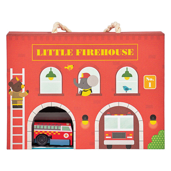 PETIT COLLAGE FIREHOUSE WIND UP AND GO PLAYSET RED