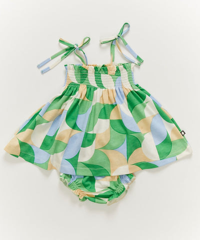 OEUF NYC Smocked Dress With Bloomer Fougere/Geometric