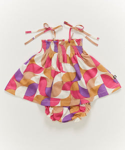 OEUF NYC Smocked Dress With Bloomer  Fuchsia/Geometric