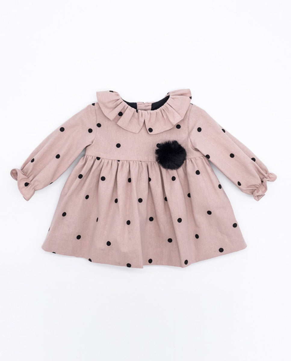 Fina Ejerique MINI DMINI DRESS NUDE BLACK POLKA DOTS ECO FUR POMPOM O21A17