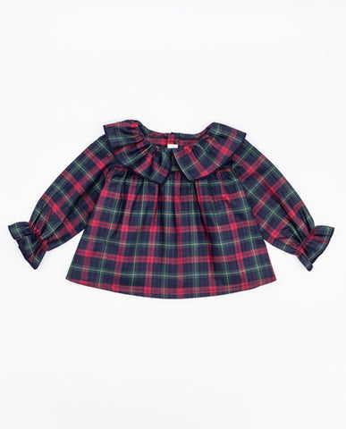 Fina Ejerique TARTAN RED AND NAVY POPLIN BLOUSE WITH FLOUNCE COLLAR O21A54