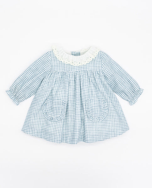 Fina Ejerique  VIELLA VICHY BLUE BABY DRESS WITH POCKETS AND EMBROIDERED COLLAR O21C15