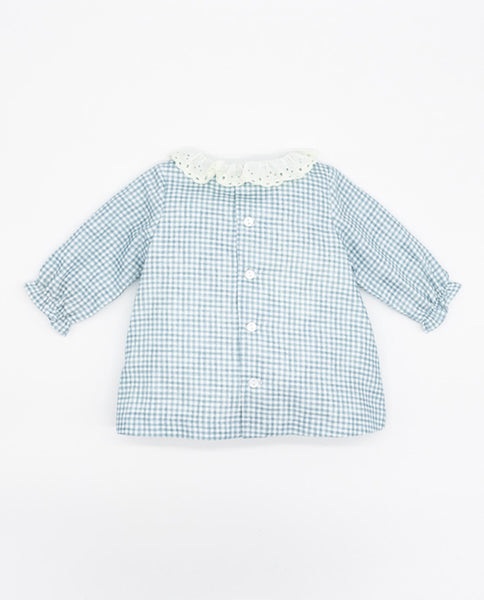 Fina Ejerique  VIELLA VICHY BLUE BABY DRESS WITH POCKETS AND EMBROIDERED COLLAR O21C15