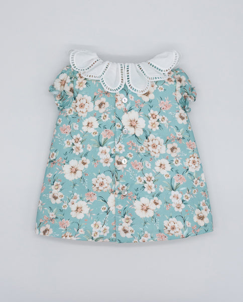 Fina Ejerique TURQUOISE FLOWERS POPLIN EMBROIDERED COLLAR MINI DRESS P22A43