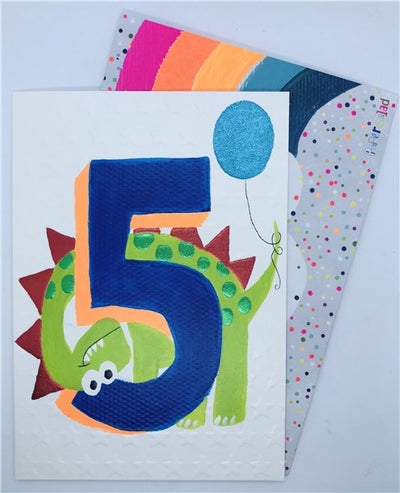 PAPER SALAD Age 5 Dinosaur BIRTHDAY CARD