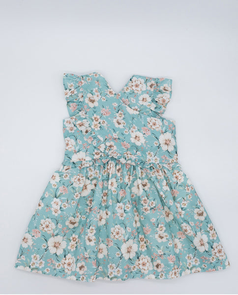 Fina Ejerique TURQUOISE FLORAL POPLIN RUFFLED CROSSOVER DRESS P22M43