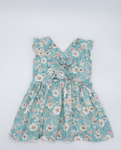 Fina Ejerique TURQUOISE FLORAL POPLIN RUFFLED CROSSOVER DRESS P22M43