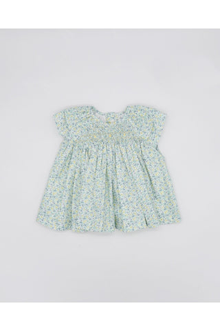 Fina Ejerique BLUE AND YELLOW FLOWER DRESS SMOCK DOT AND DOUBLE RUFFLED  Ref. P23C21