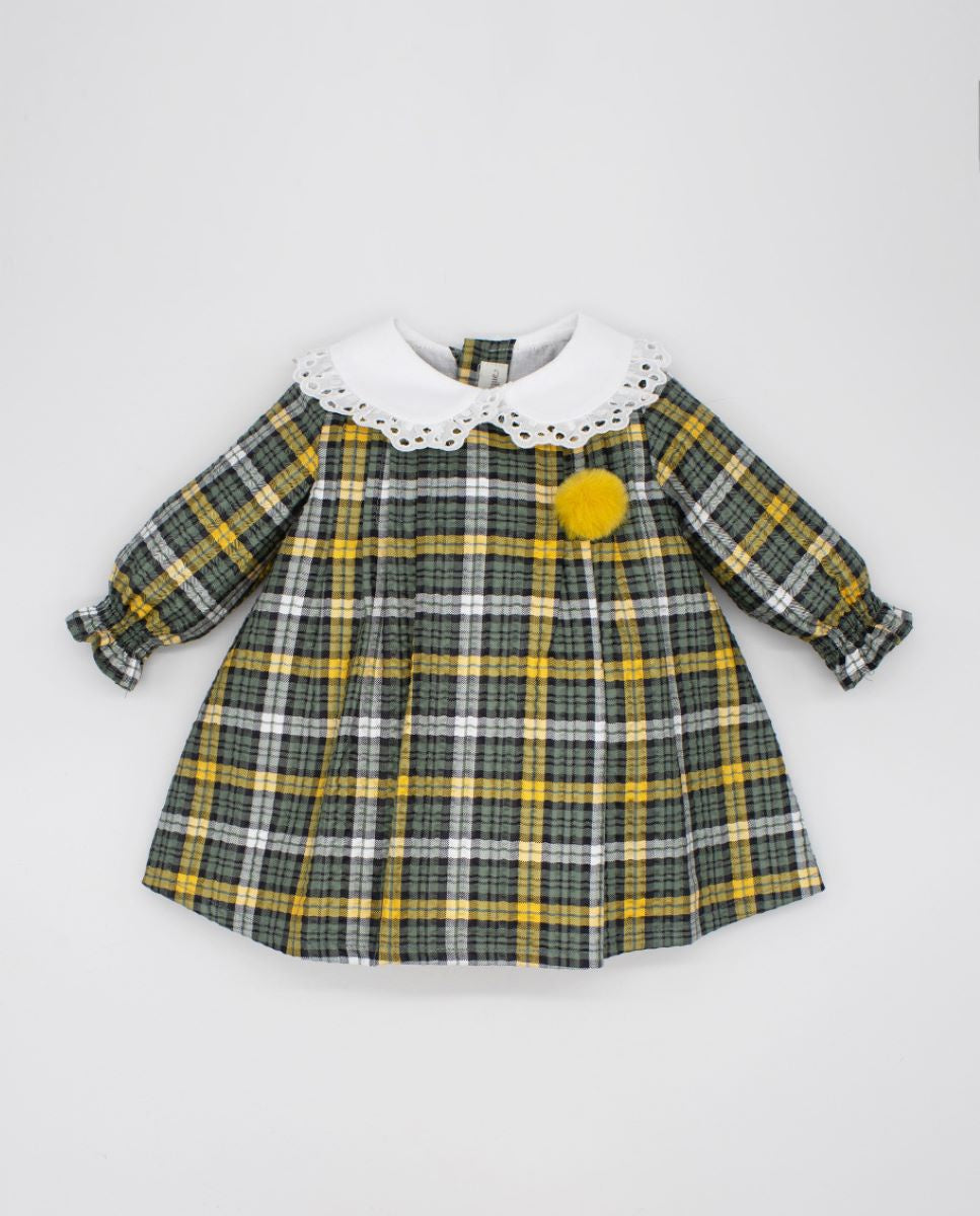 Fina Ejerique GREEN AND YELLOW CHECKERED FAUX FUR POM-POM DRESS  O22A37