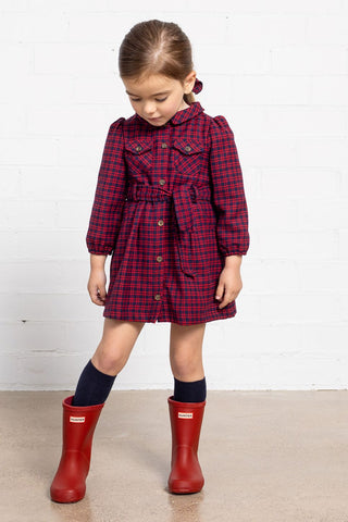 RED AND BLUE CHECKED WOOL SHIRT DRESS  O22M70