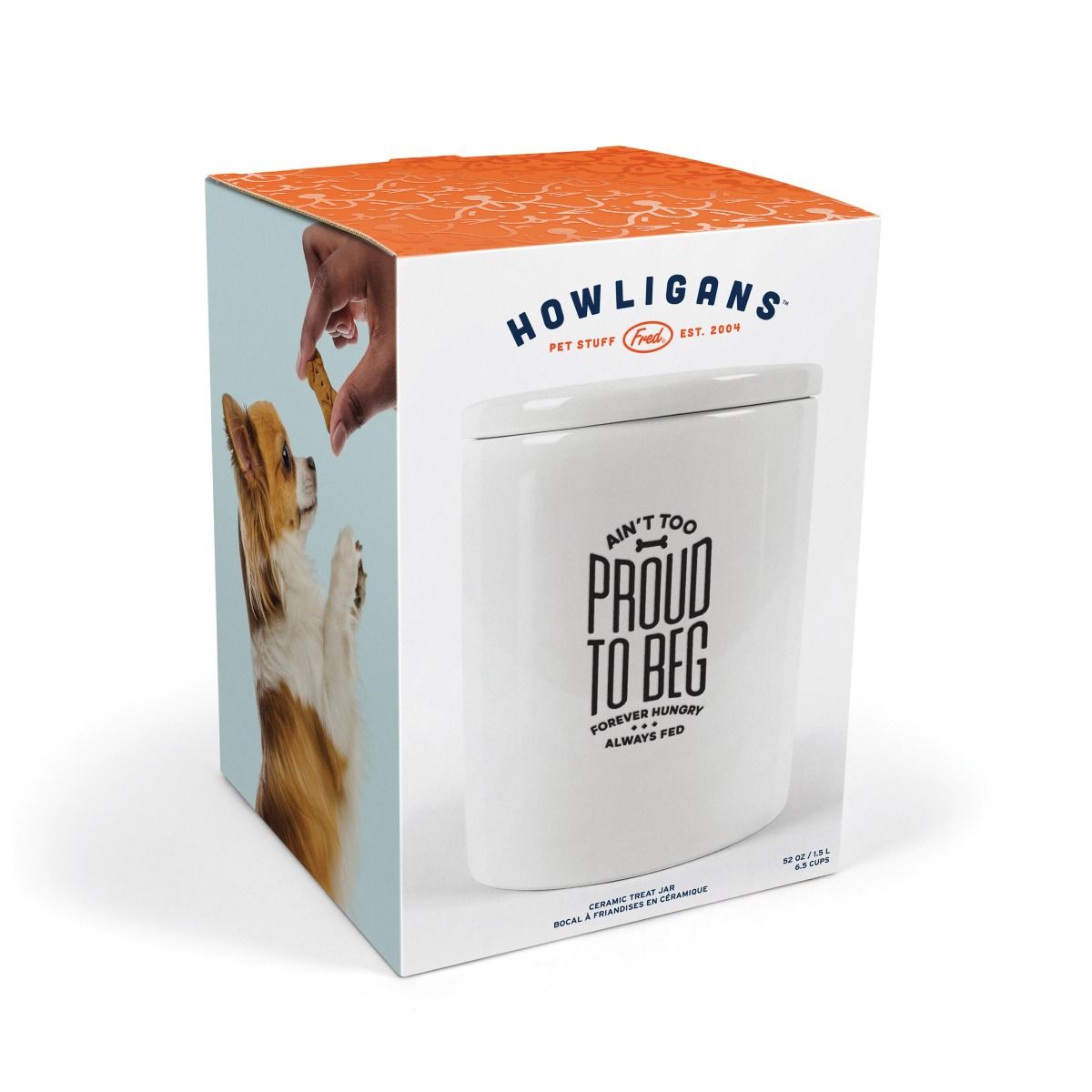 FRED HOWLIGANS CERAMIC TREAT JAR - AIN'T TOO PROUD TO BEG WHITE