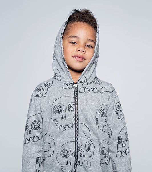 nununu scribbled skulls zip hoodie heather grey
