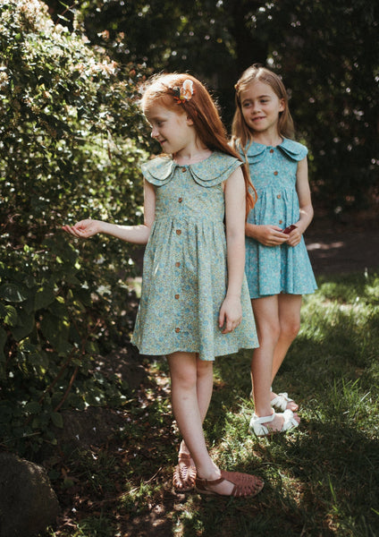 IMIN KIDS Girls Double Peter Pan Collar Cotton Dress Green Hydrangea