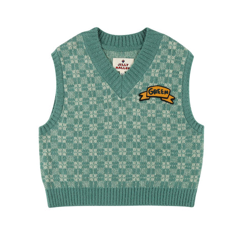 JELLYMALLOW GREEN CHECK KNIT VEST BY JELLY MALLOW