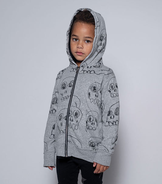 nununu scribbled skulls zip hoodie heather grey