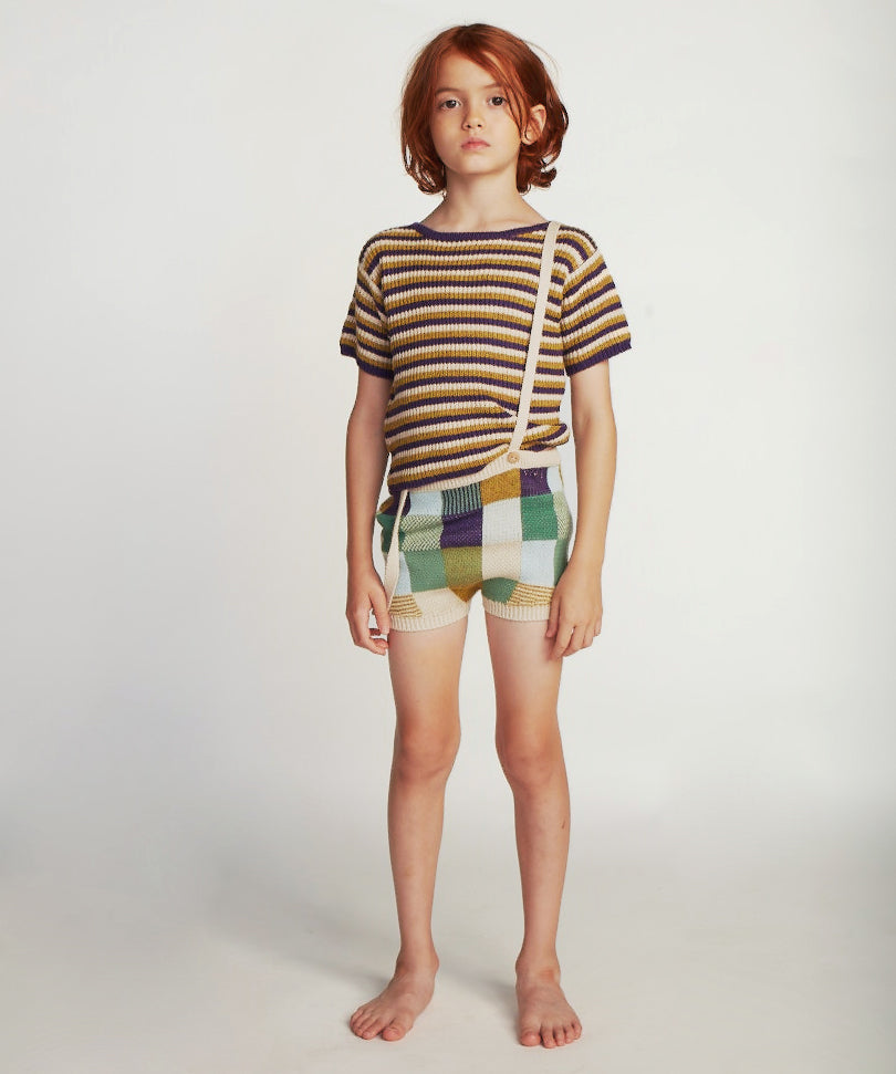 OEUF NYC Patchwork Suspender Shorts Eggshell/Patchwork