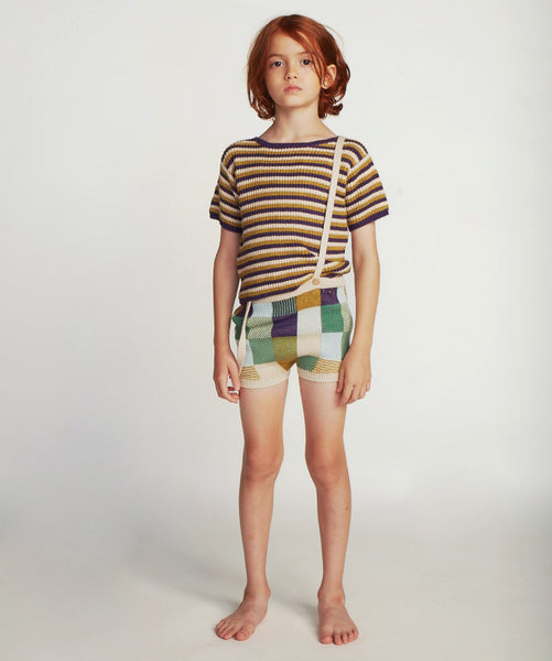 OEUF NYC Patchwork Suspender Shorts Eggshell/Patchwork