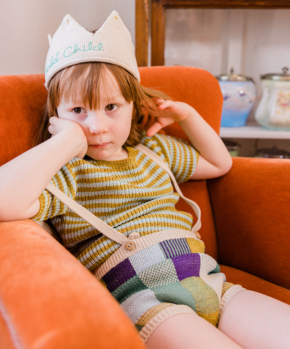 OEUF NYC Patchwork Suspender Shorts Eggshell/Patchwork