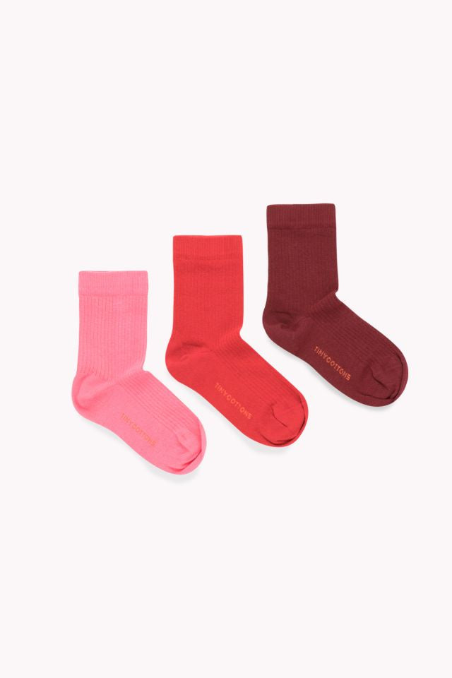 TINYCOTTONS PACK OF 3 MEDIUM RIB SOCKS AUBERGINE/BURGUNDY/BUBBLE GUM